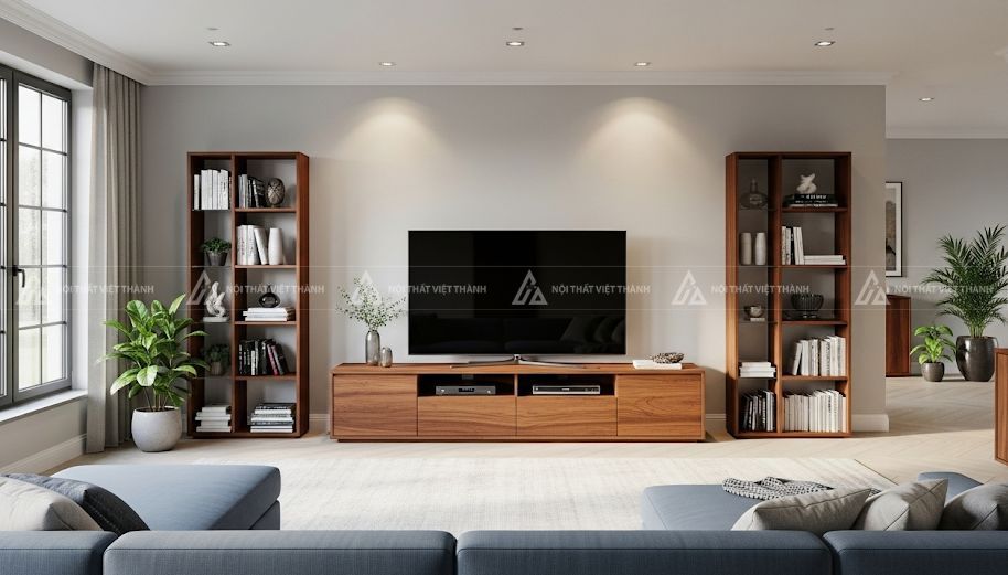 Bố trí kệ tivi và sofa với khoảng cách hợp lý