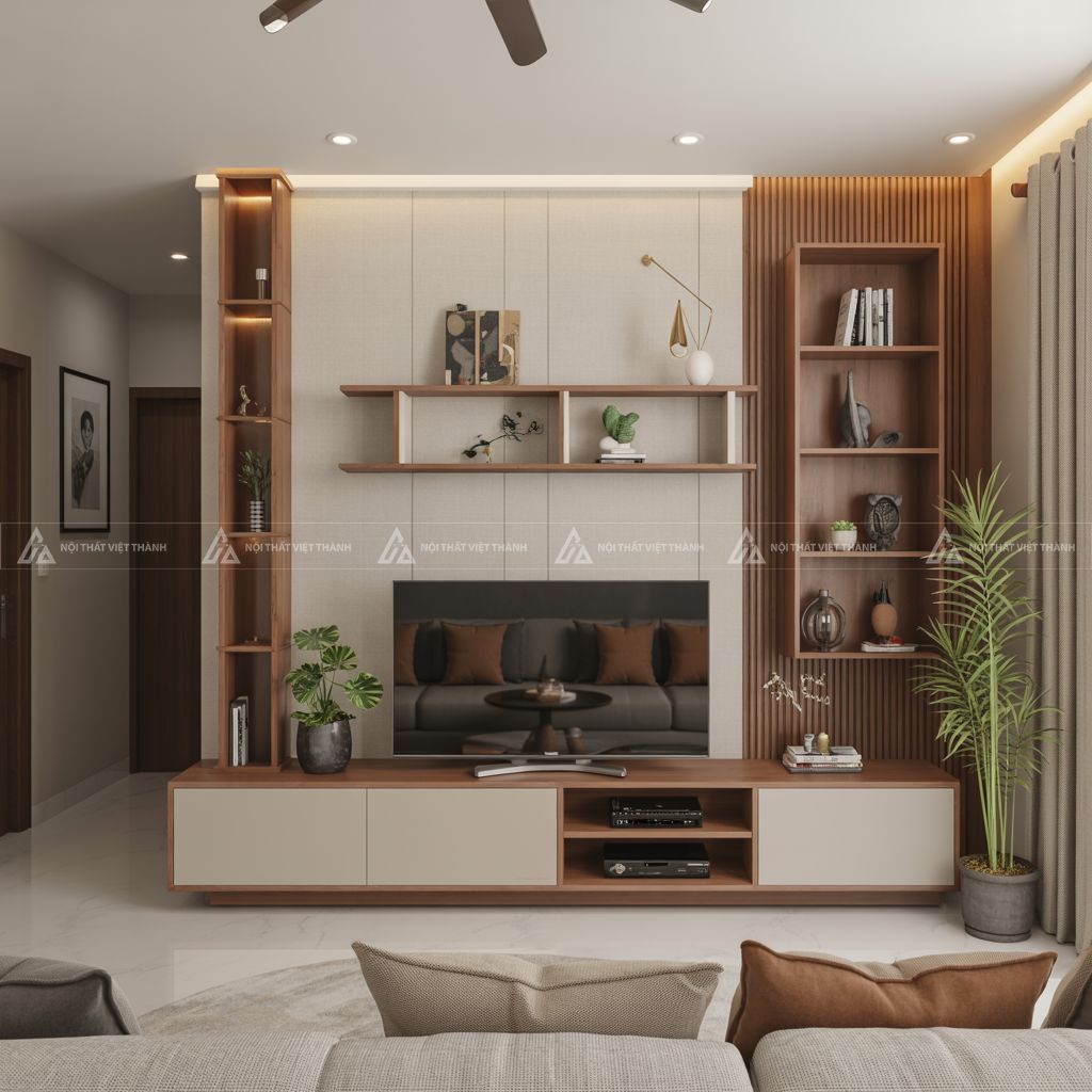 Bố trí kệ tivi phù hợp với diện tích phòng khách