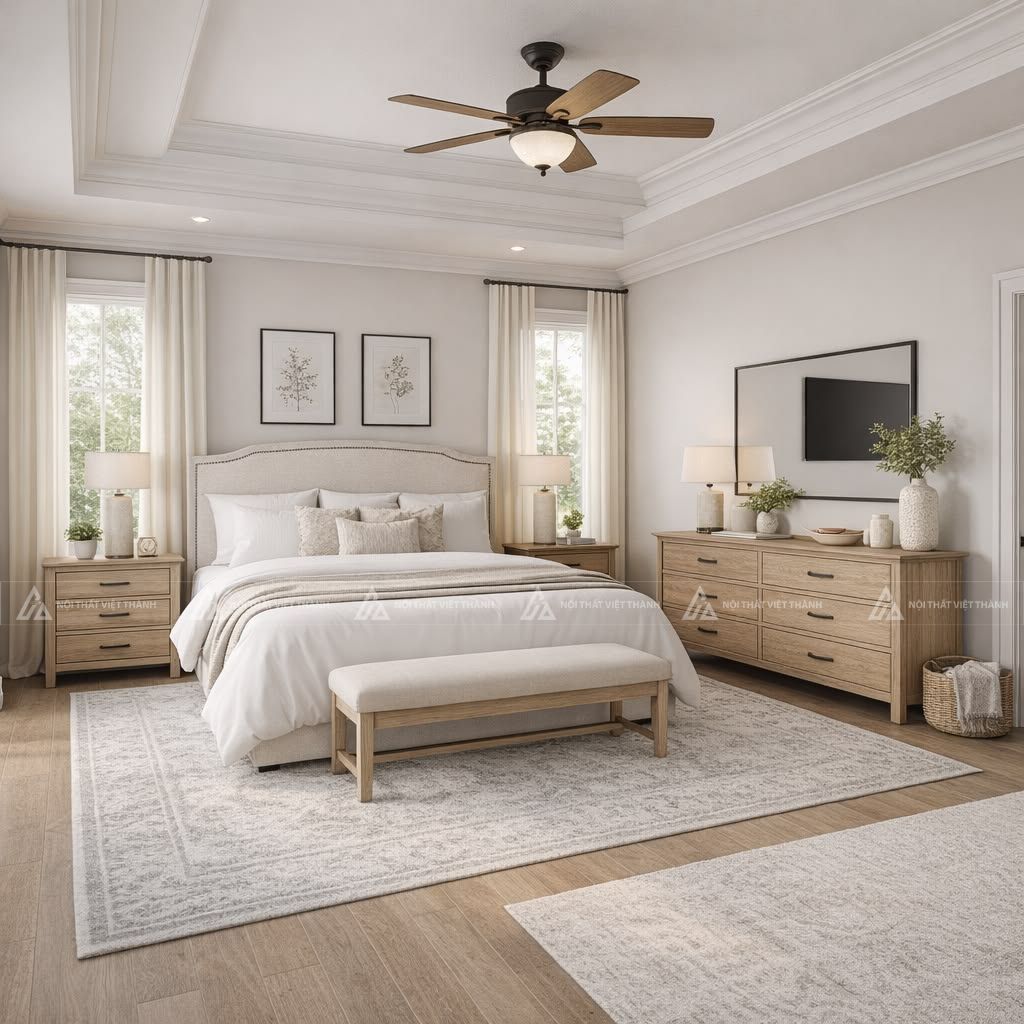 Cách bố trí giường ngủ kết hợp nội thất hài hoà