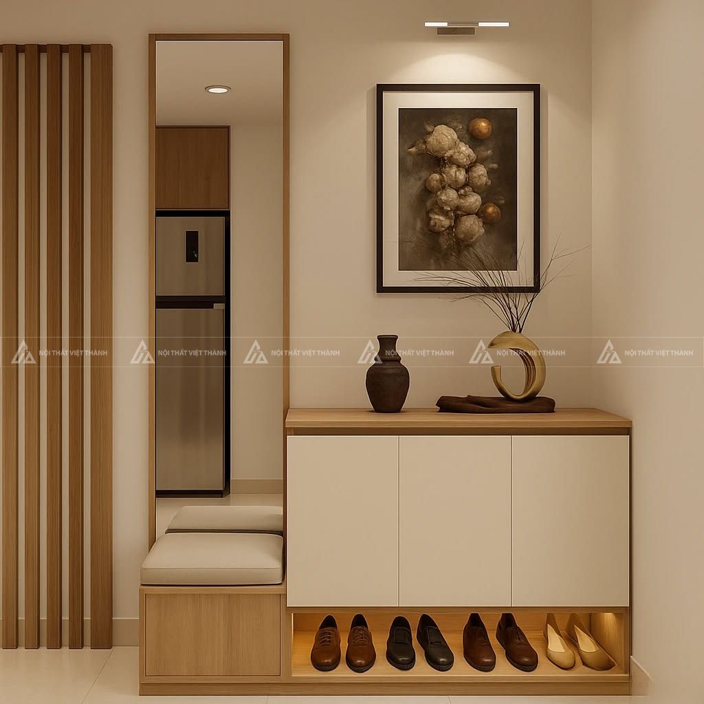 Mẫu tủ giày dép kèm đệm ngồi và gương soi