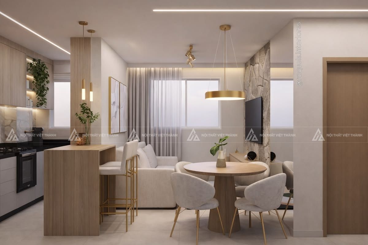 Bố trí nội thất chung cư căn hộ phòng khách liền bếp hợp lý