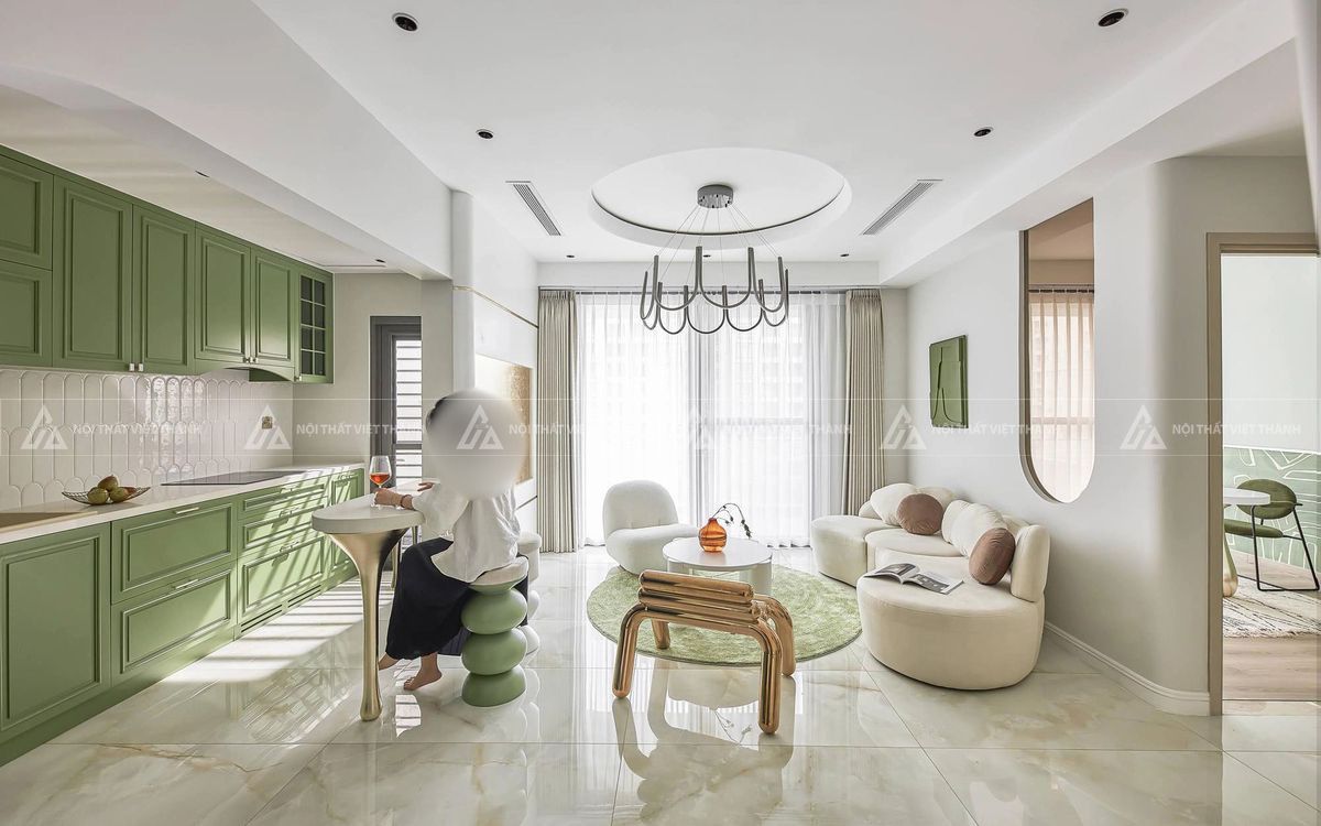 Nội thất chung cư căn hộ phòng khách liền bếp đẹp mắt