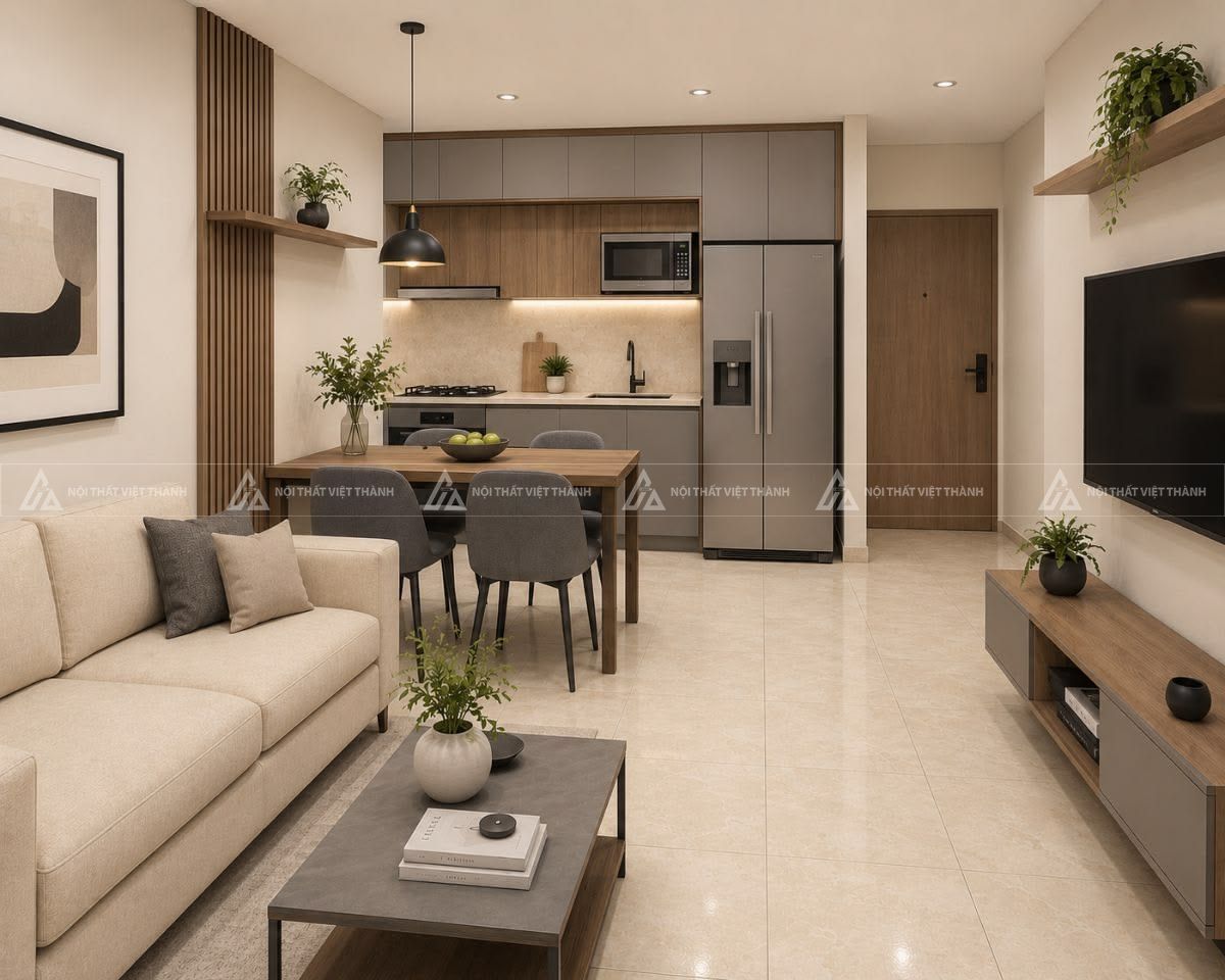 Nội thất chung cư căn hộ phòng khách liền bếp tối ưu
