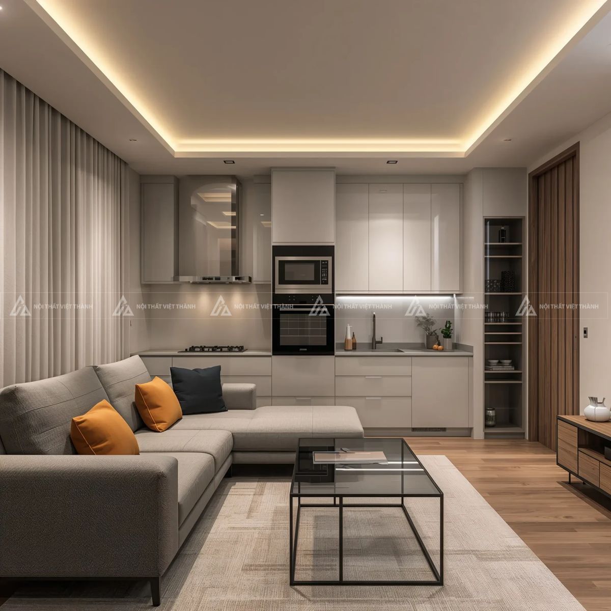 Nội thất chung cư căn hộ phòng khách liền bếp tối giản
