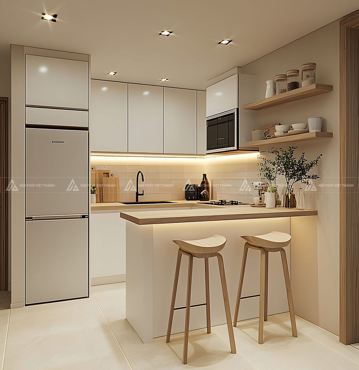Nội thất phòng bếp chung cư căn hộ nhỏ gọn ấm cúng