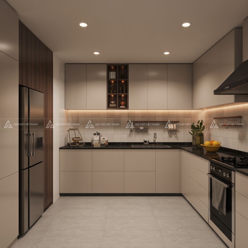 Nội thất phòng bếp gỗ công nghiệp hiện đại tối giản