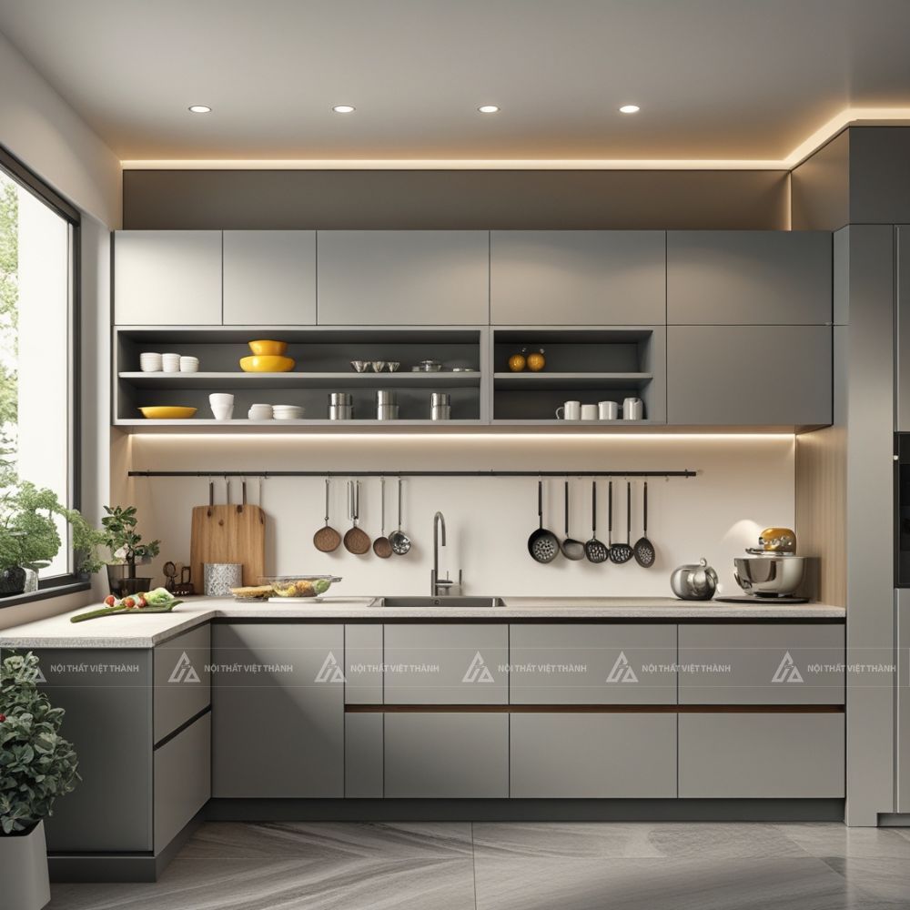Nội thất phòng bếp gỗ công nghiệp màu xám tiện nghi