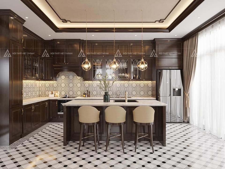 Nội thất phòng bếp gỗ công nghiệp phong cách Indochine