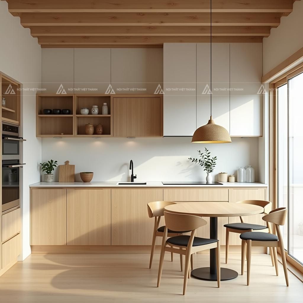 Nội thất phòng bếp gỗ công nghiệp phong cách Japandi