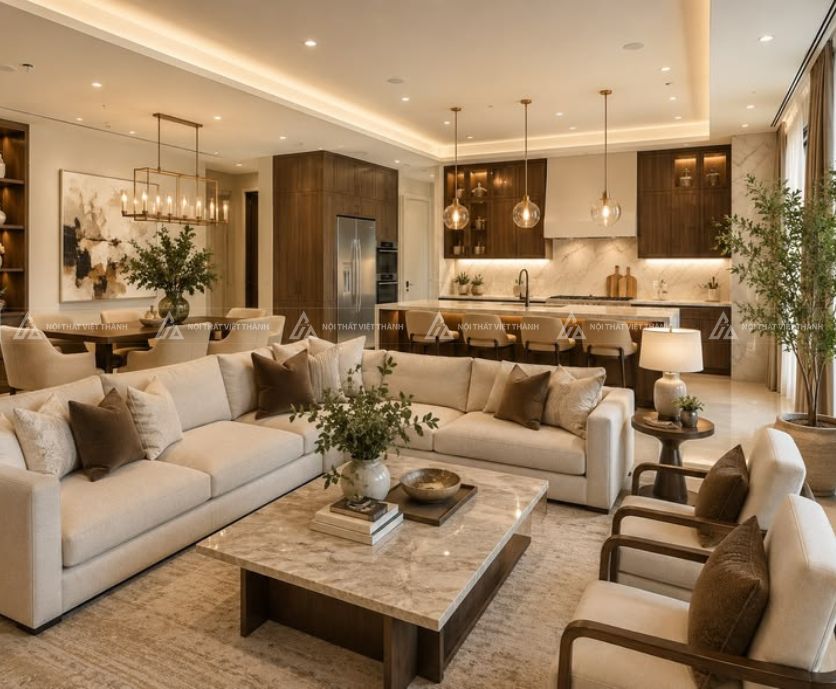 Thiết kế nội thất phòng bếp đối diện phòng khách nhà cấp 4
