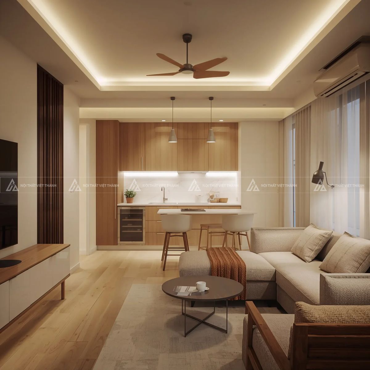Thiết kế nội thất phòng bếp đối diện phòng khách ấm cúng