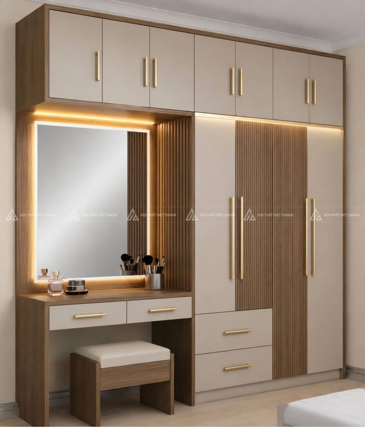 Mẫu tủ quần áo kịch trần có bàn trang điểm kèm led