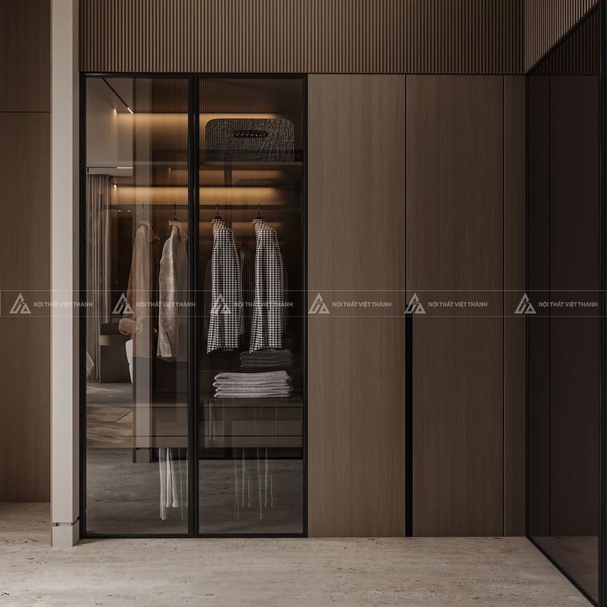 Mẫu tủ quần áo kịch trần kết hợp cánh kính