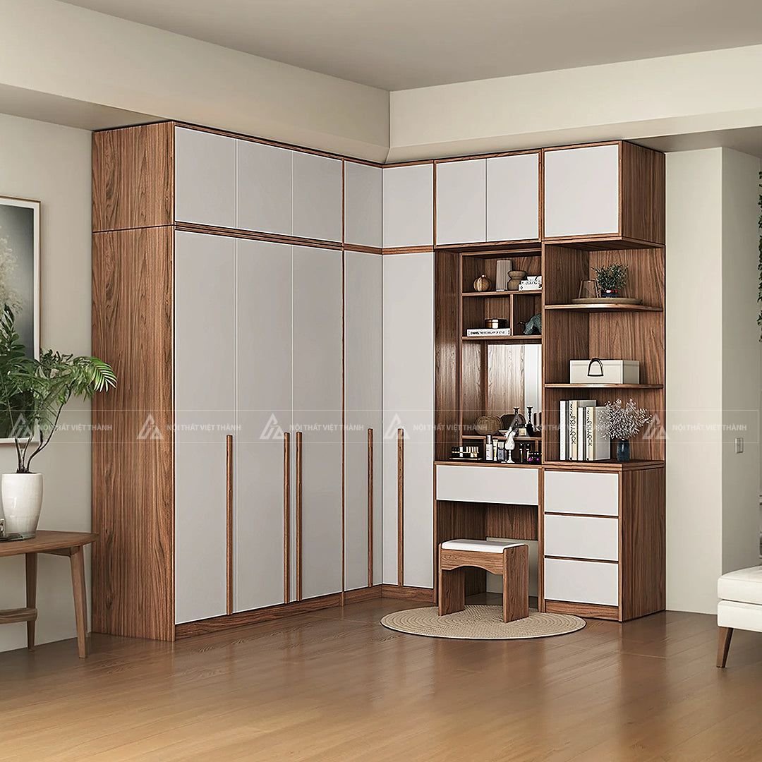 Mẫu tủ quần áo chữ L kèm bàn trang điểm